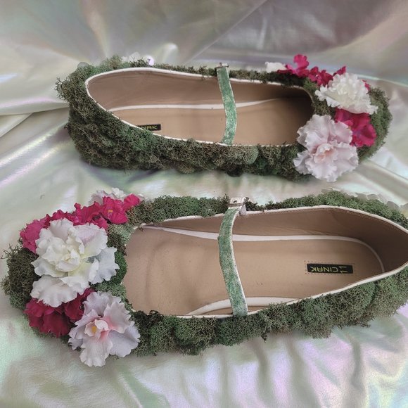 Custom One of a Kind Size 11 Topiary Moss and Flower Flat Mary Jane Shoes OOAK - Picture 10 of 11